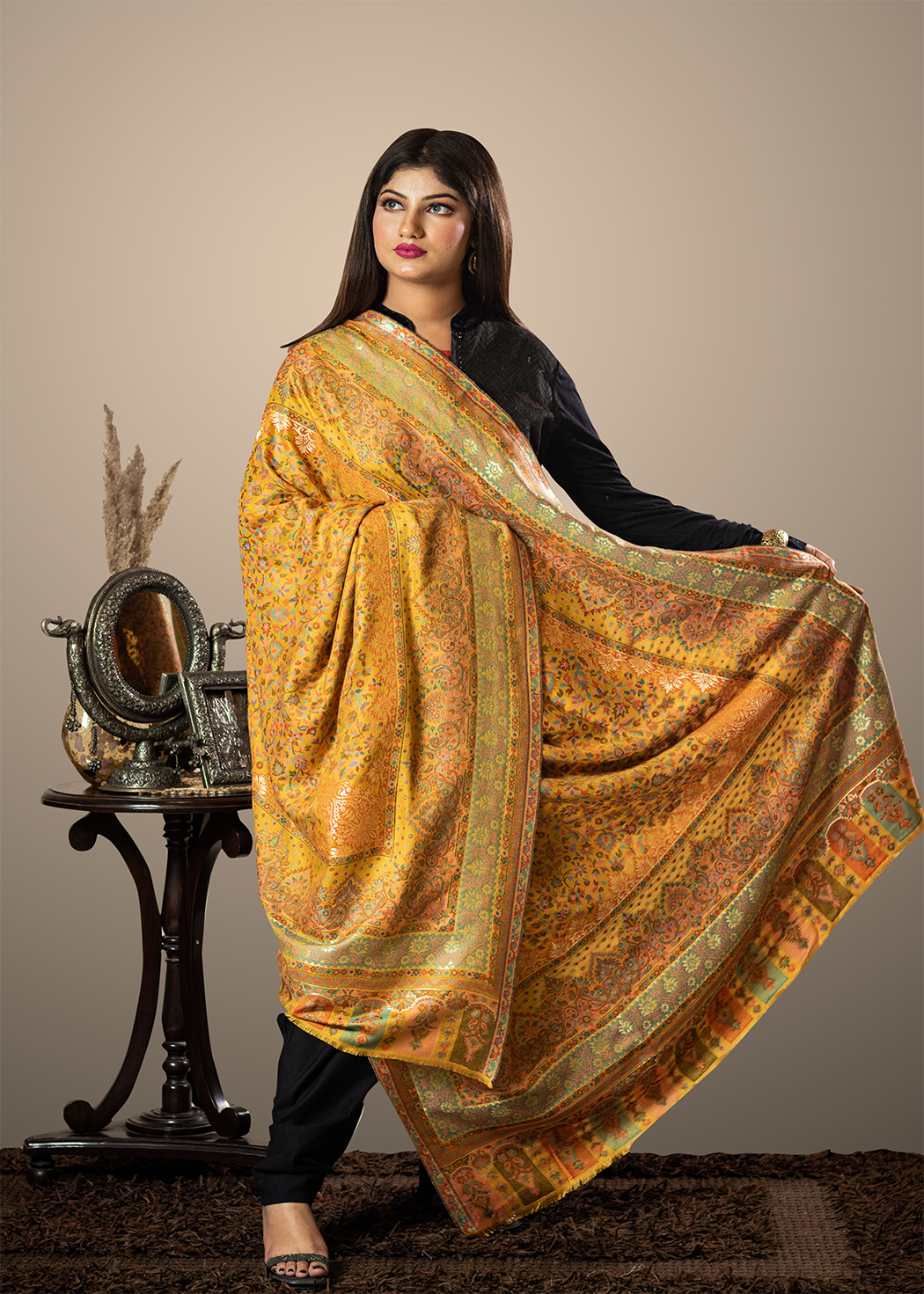 Masudh unisex soft fine bamboo fabric shawl with Bling zari thread work, yellow