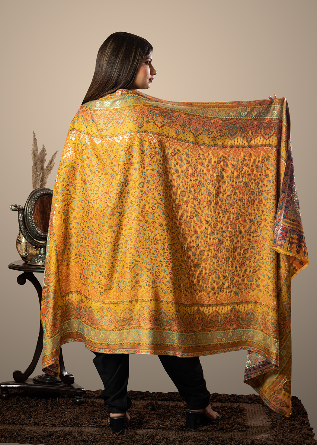 Masudh unisex soft fine bamboo fabric shawl with Bling zari thread work, yellow