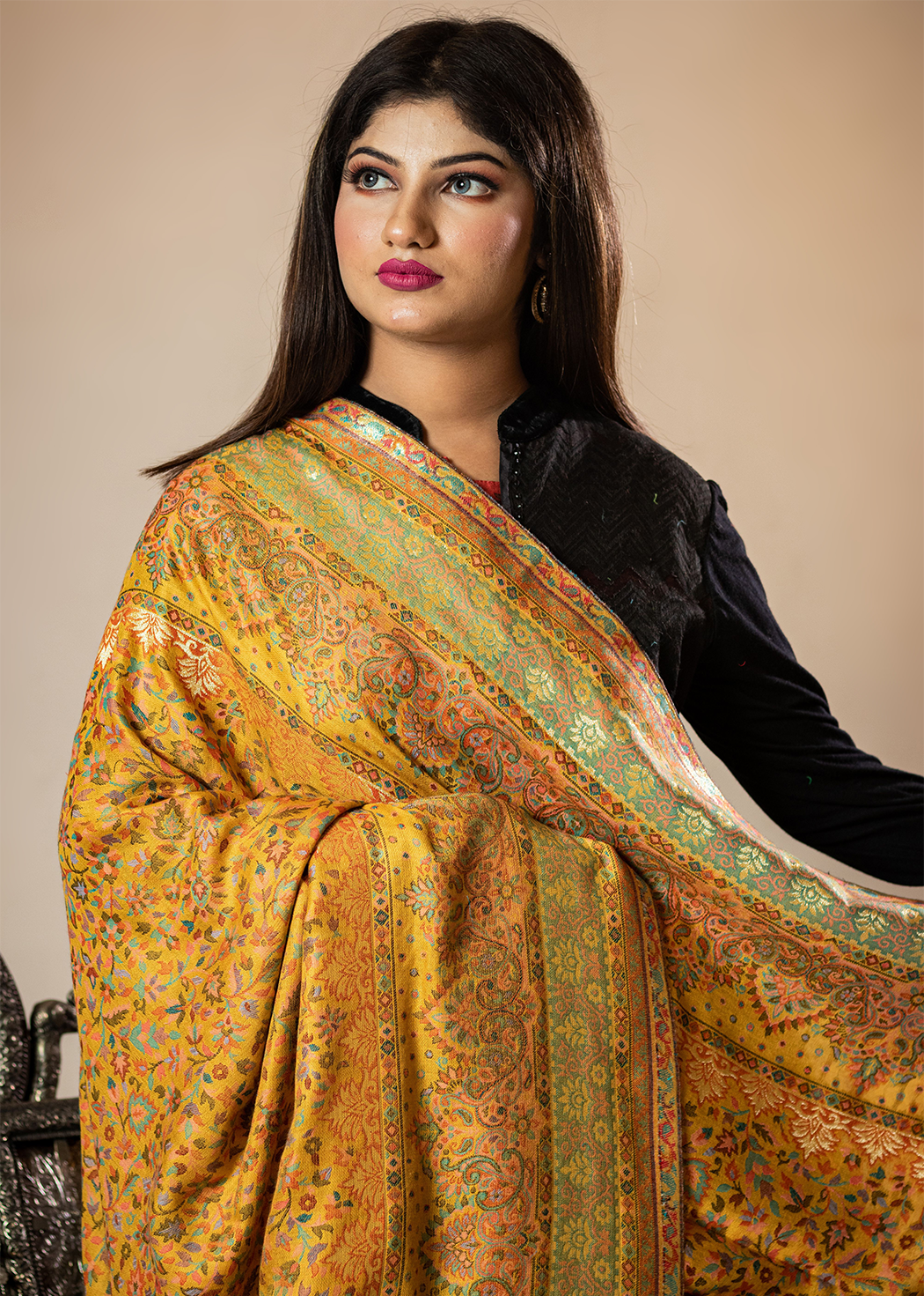 Masudh unisex soft fine bamboo fabric shawl with Bling zari thread work, yellow