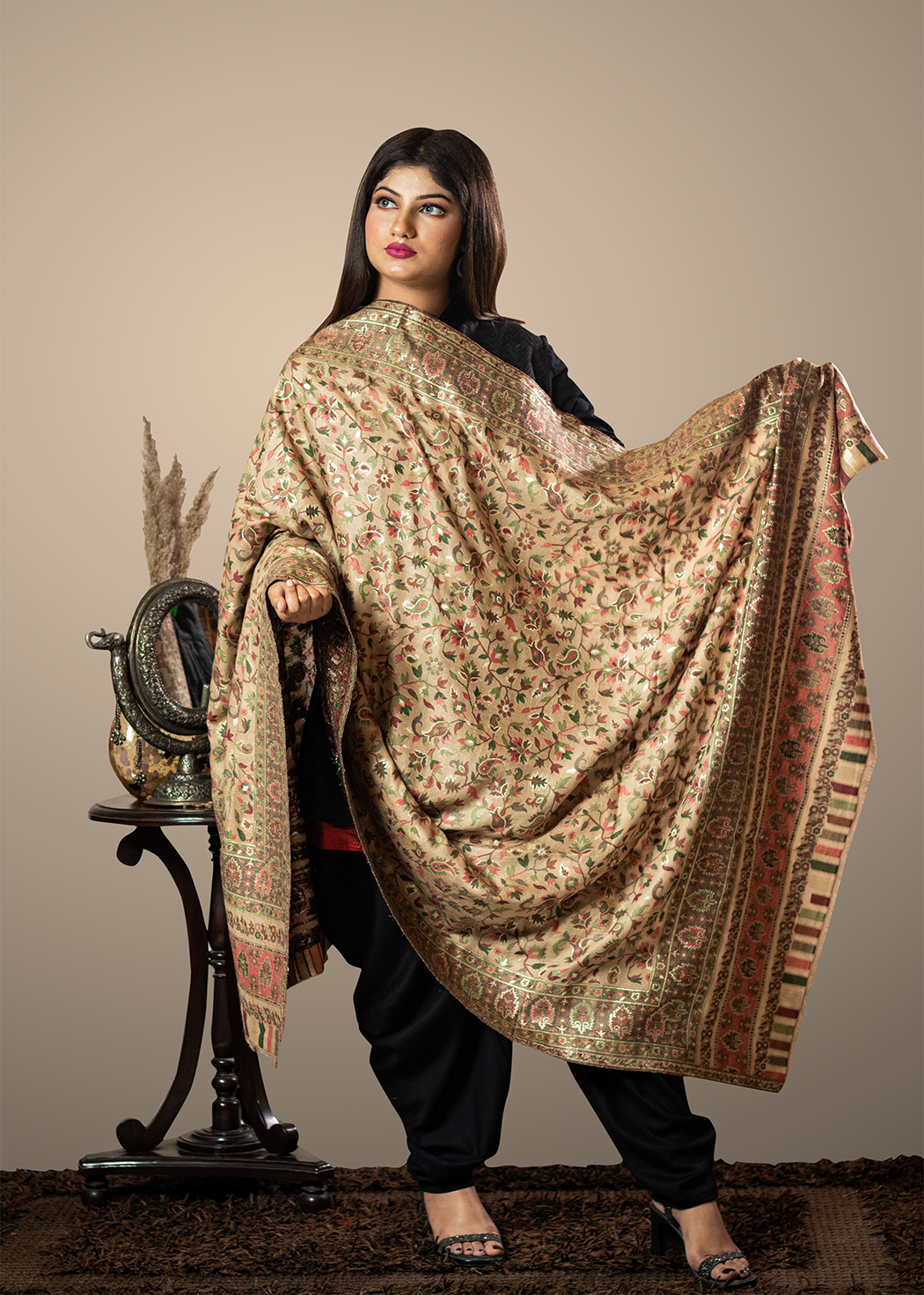 Masudh unisex soft fine bamboo fabric shawl with Bling zari thread work, beige