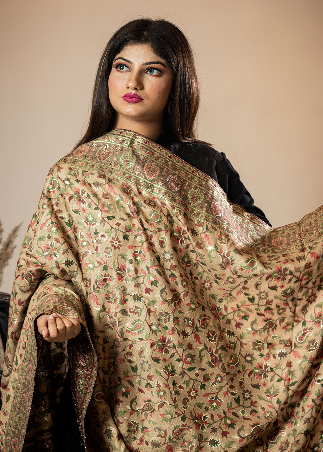 Masudh unisex soft fine bamboo fabric shawl with Bling zari thread work, beige