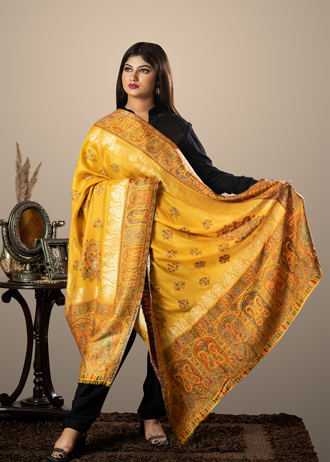 Masudh unisex soft fine bamboo fabric shawl with Bling zari thread work, yellow