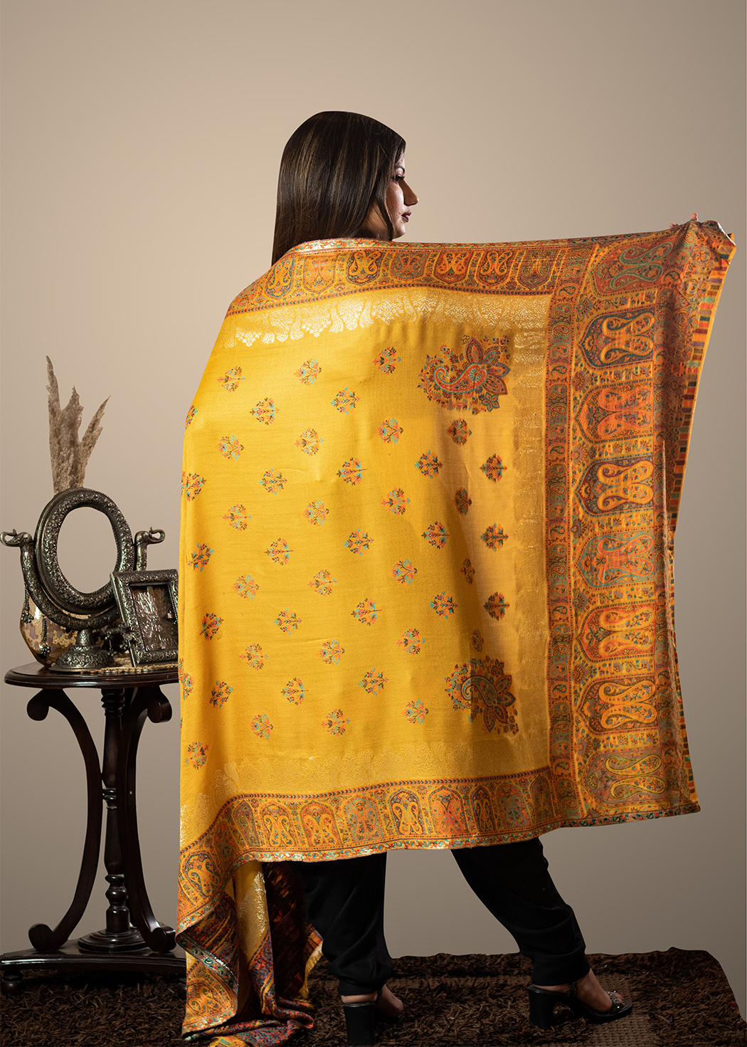 Masudh unisex soft fine bamboo fabric shawl with Bling zari thread work, yellow