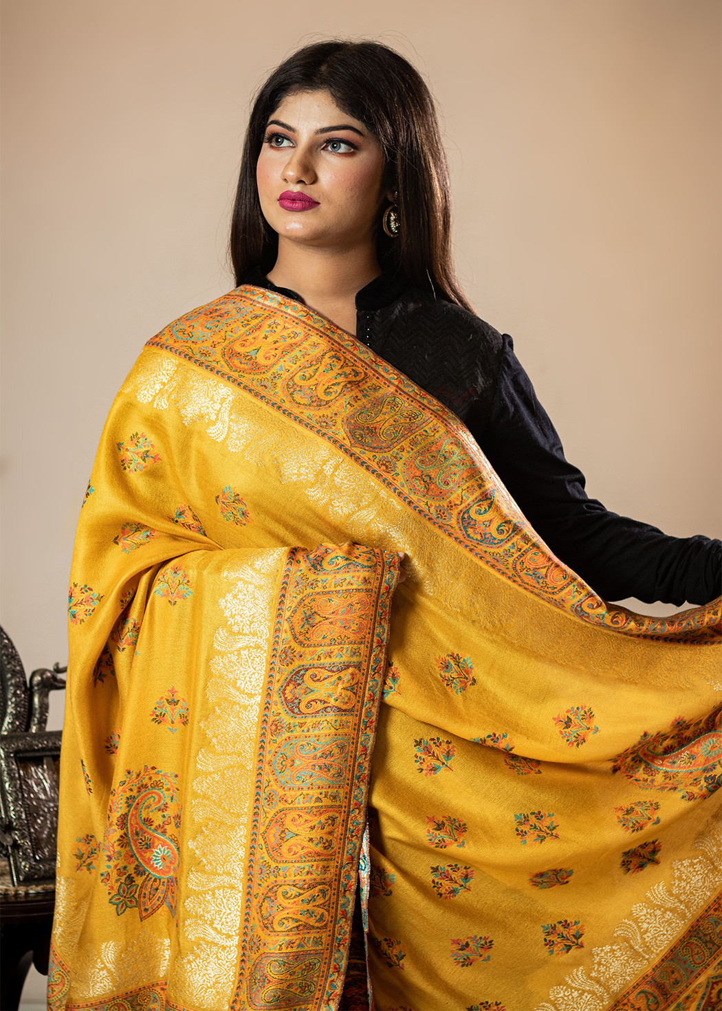 Masudh unisex soft fine bamboo fabric shawl with Bling zari thread work, yellow