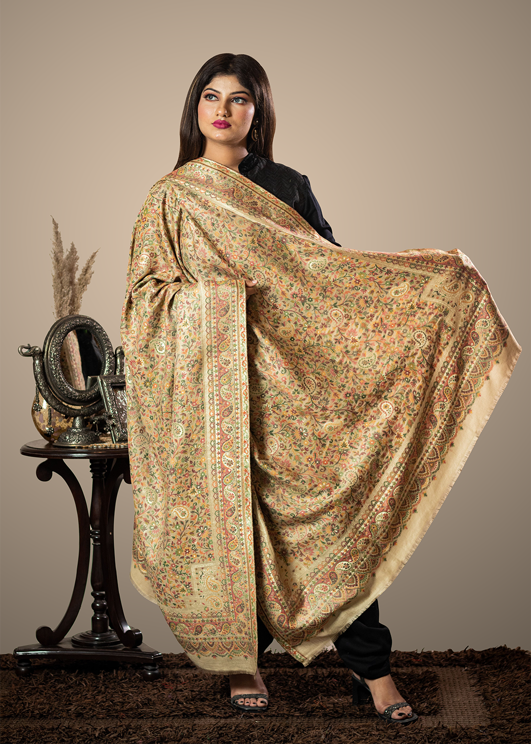 Masudh unisex soft fine bamboo fabric shawl with Bling zari thread work, beige