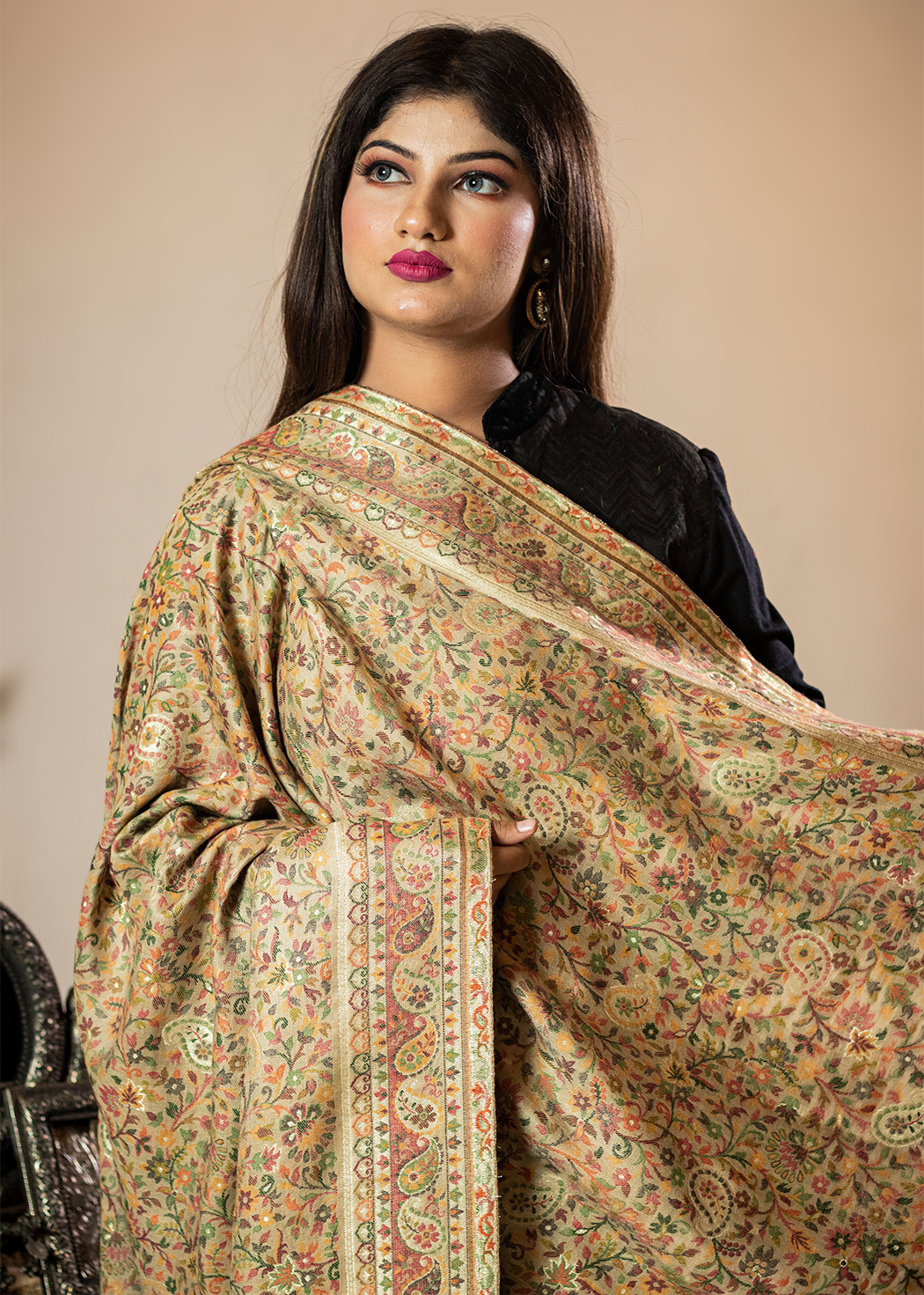 Masudh unisex soft fine bamboo fabric shawl with Bling zari thread work, beige