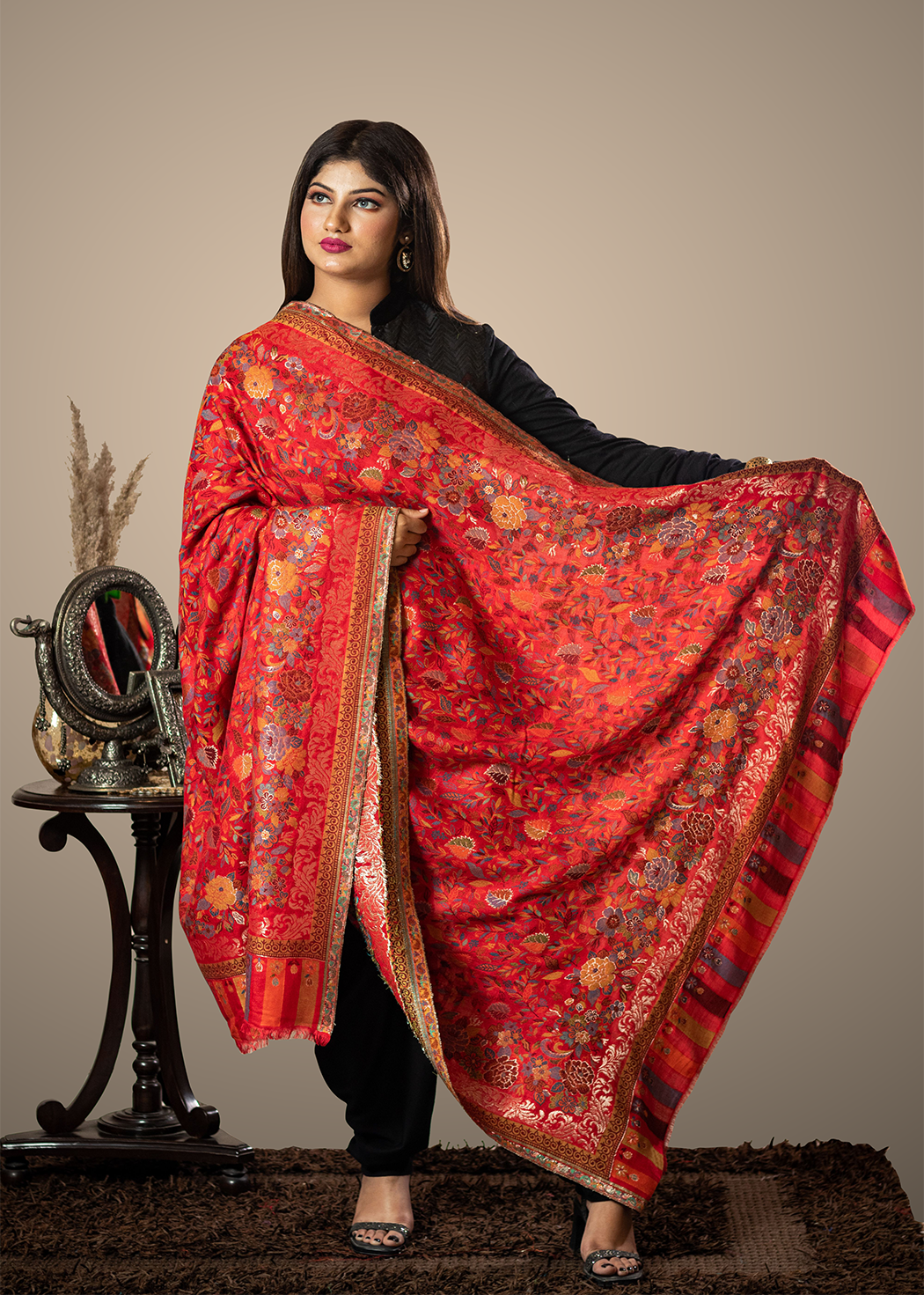 Masudh unisex soft fine bamboo fabric shawl with Bling zari thread work, red