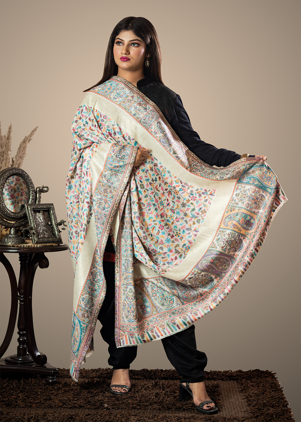 Masudh unisex soft fine bamboo fabric shawl with Bling zari thread work, floral white