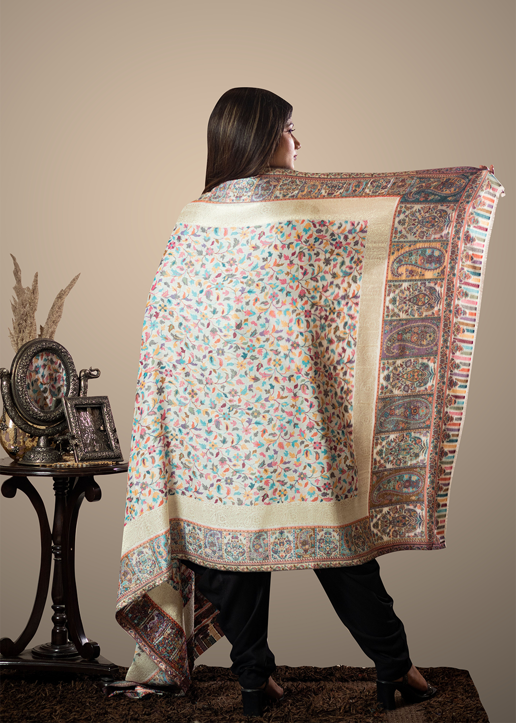 Masudh unisex soft fine bamboo fabric shawl with Bling zari thread work, floral white