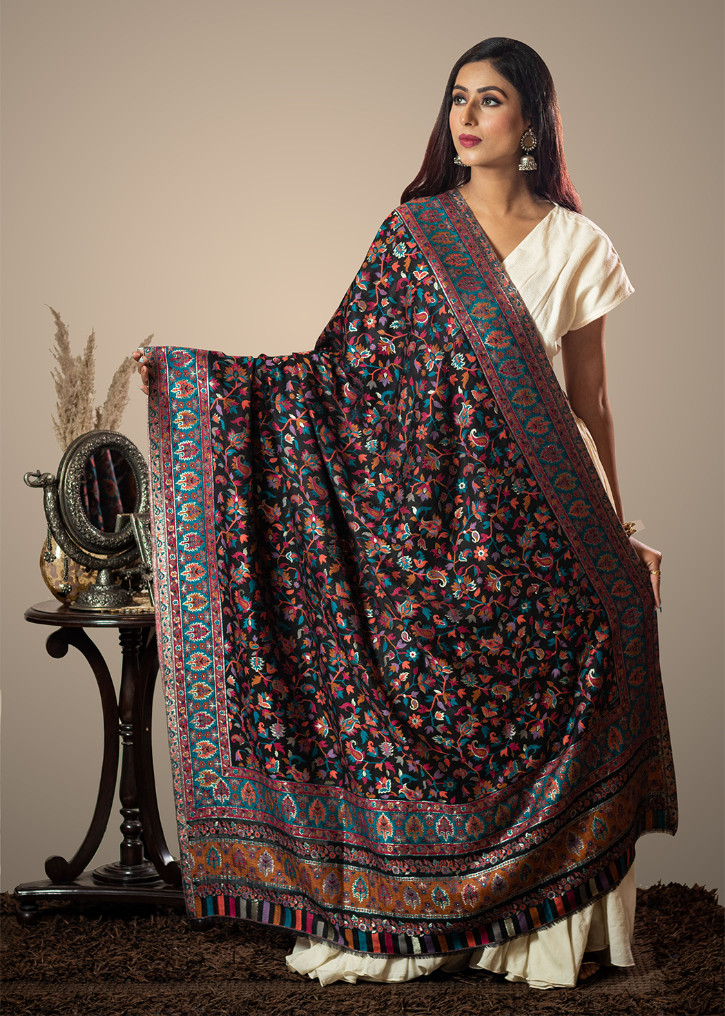 Masudh unisex soft fine bamboo fabric shawl with Bling zari thread work, floral multicolour