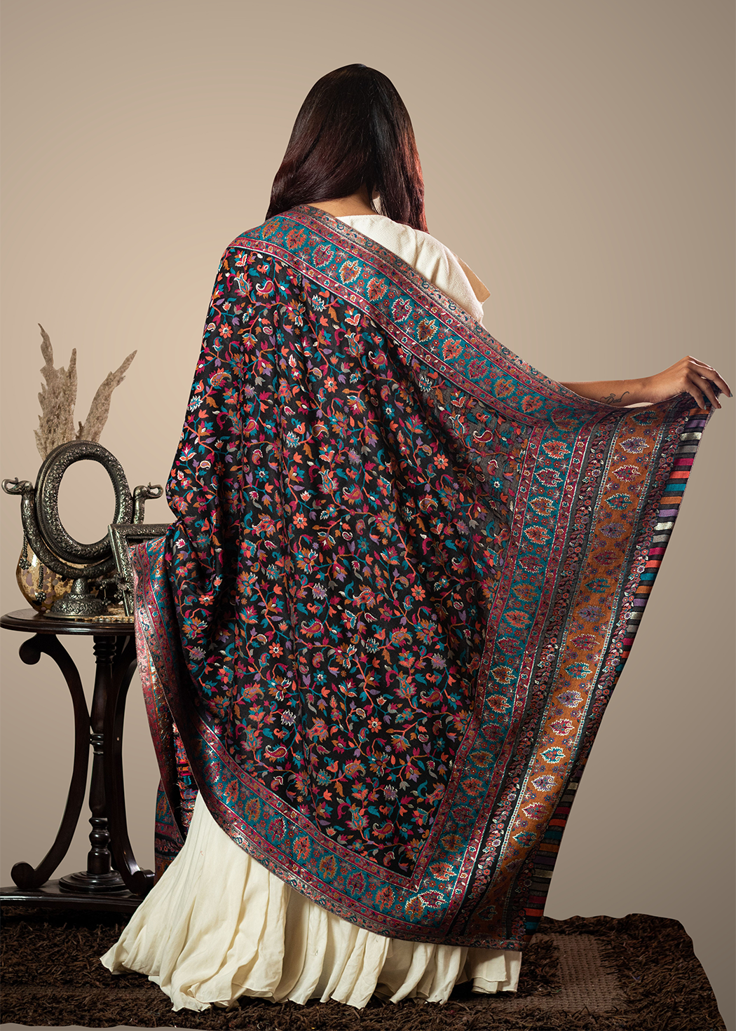 Masudh unisex soft fine bamboo fabric shawl with Bling zari thread work, floral multicolour