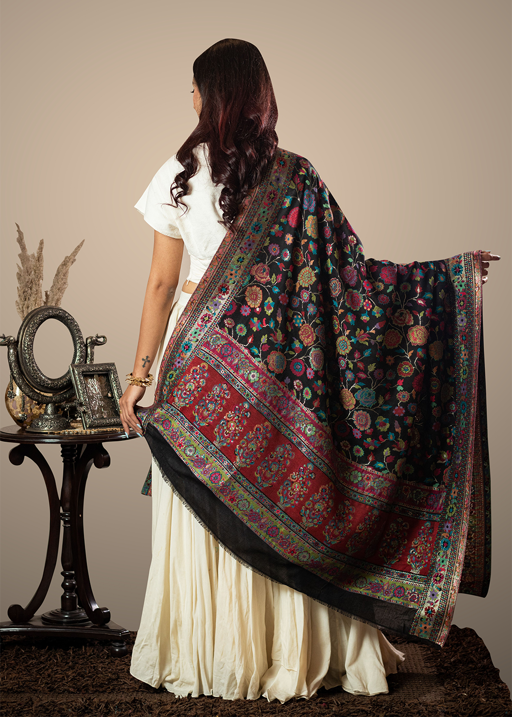 Masudh unisex soft fine bamboo fabric shawl with Bling zari thread work, floral multicolour